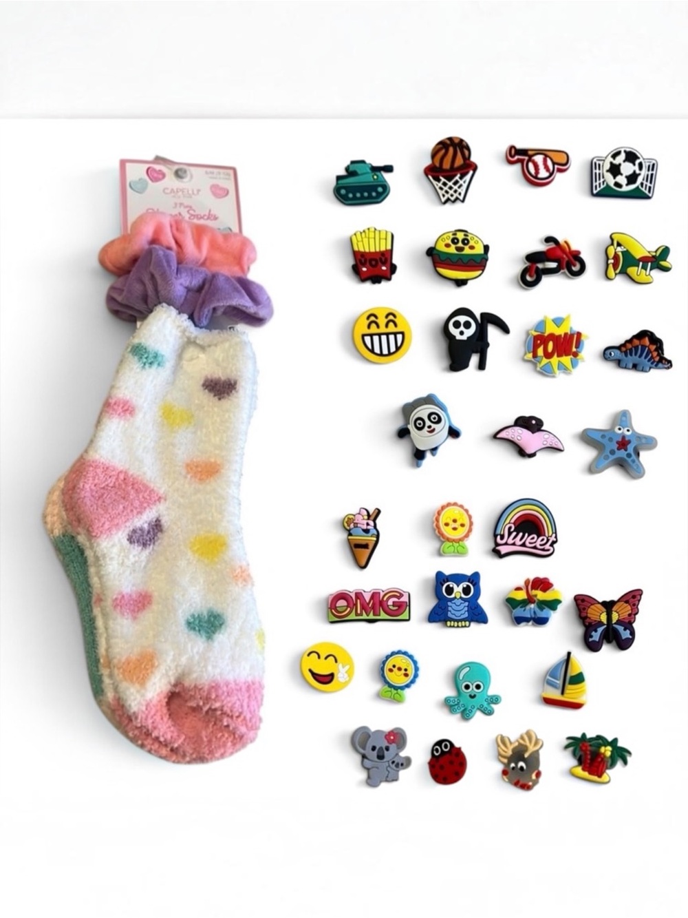 Capelli 3-Pair Slipper Socks Scrunchie & 30 Shoe Charms Set